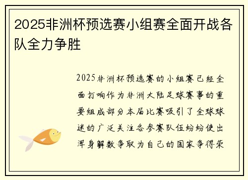 2025非洲杯预选赛小组赛全面开战各队全力争胜